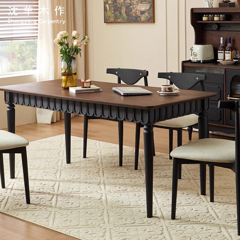 中古法式餐桌椅组合饭台家用复古餐桌长方形饭桌长桌实木黑色桌子