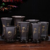 紫砂花盆带底座黑色刻绘兰花君子兰绿萝园艺花卉绿植个性 陶瓷