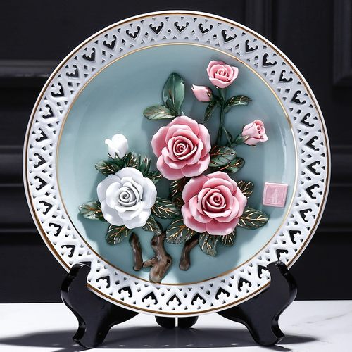 陶瓷玫瑰挂盘工艺摆件 创意牡丹摆盘客厅家居民族风博古架摆设品