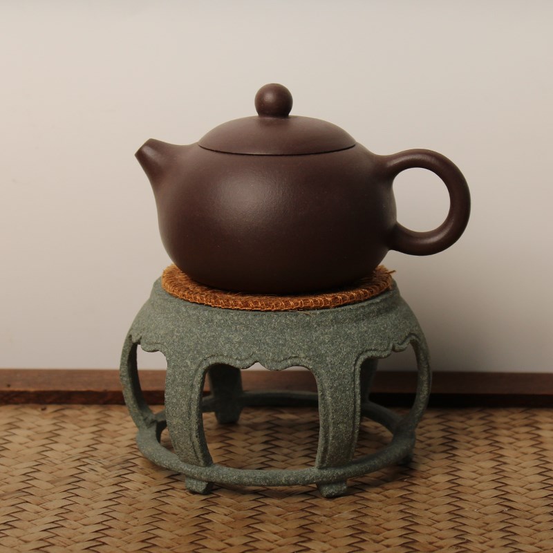 石头案台圆形底座石雕摆件桌面隔热垫天然青石茶壶架简约石头壶托