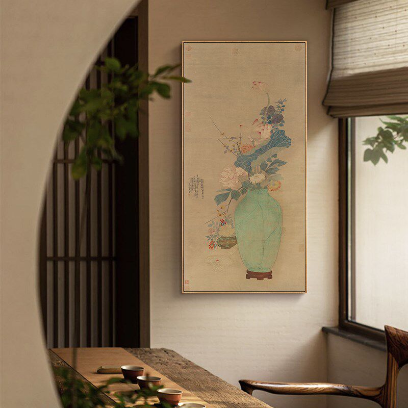 平安如意花卉图挂画清代永瑢花瓶古画国画茶室玄关背景墙壁画带框