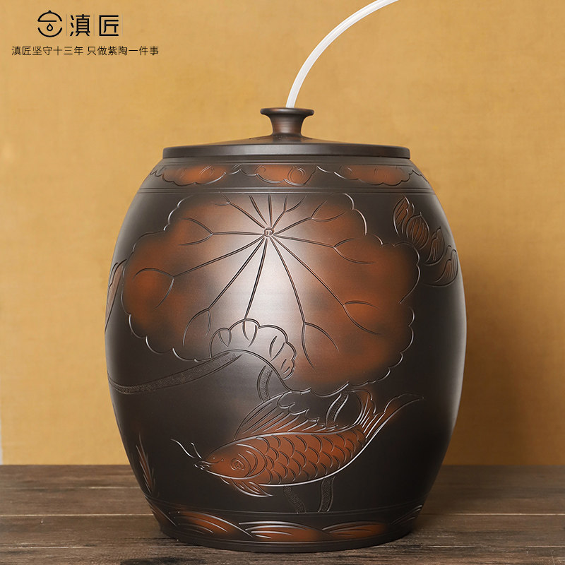 陶瓷水缸家用储水用净水桶茶台专用泡茶桶大容量抽水紫陶带盖砂纯