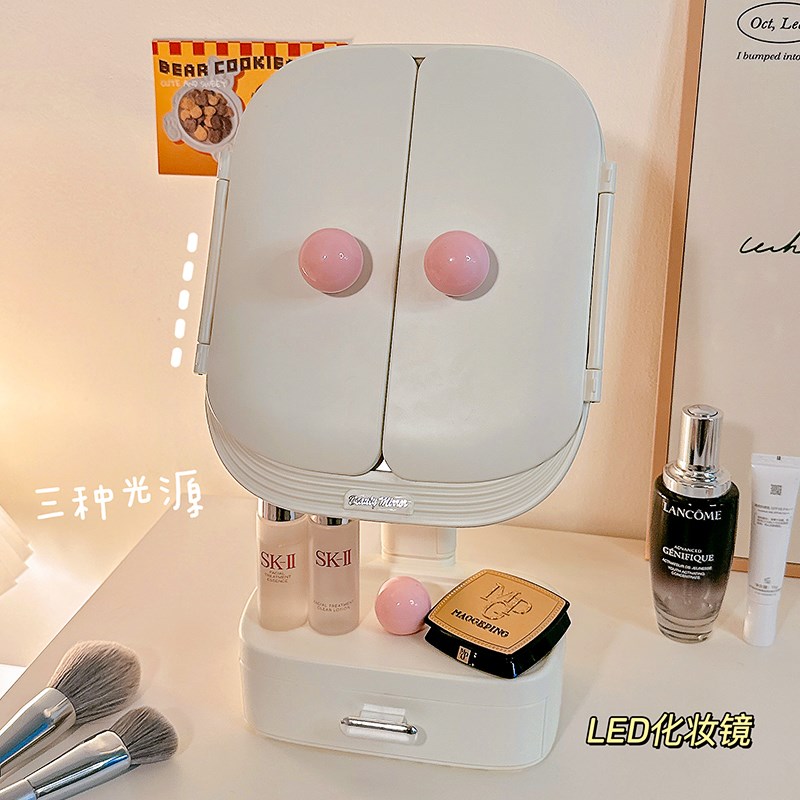 化妆镜台式新款桌面轻奢高级梳妆台多功能放大带灯补光LED镜子