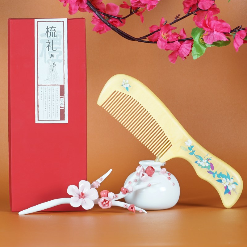 正宗小叶黄杨木梳子彩绘中国风光滑圆润纯天然整木加厚梳送礼家用