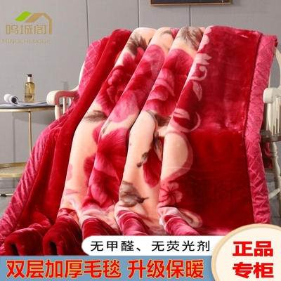 正品拉舍尔双层加厚毛毯大红婚庆盖毯双人学生宿舍毯子法莱绒床单