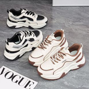 软底休闲百搭学生跑步鞋 皮面防水运动鞋 女2025春秋新款 厚底老爹鞋
