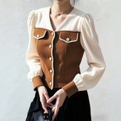 法式 轻奢减龄洋派早春季 绝美小上衣冷淡系高级感咖色拼接衬衫 女装