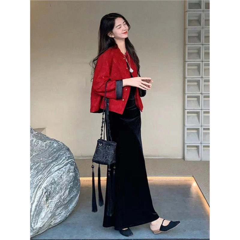 新中式国风唐装红外套吊带连衣裙