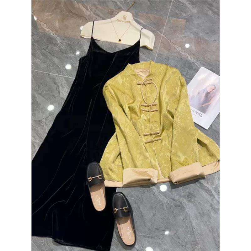 新款时尚高级感新中式国风女装黄色盘扣上衣连衣裙套装春装2025年,女装/女士精品,连衣裙,淘宝优惠券,粉丝福利购,淘宝优惠卷