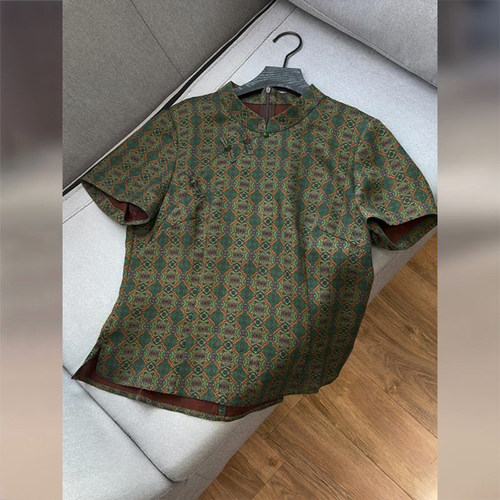 新中式国风复古绿色宋锦短袖衬衫