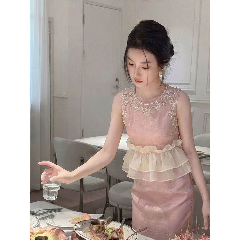 高端气质假两件荷叶边套装女夏收腰修身新中式温柔风大码套装网纱