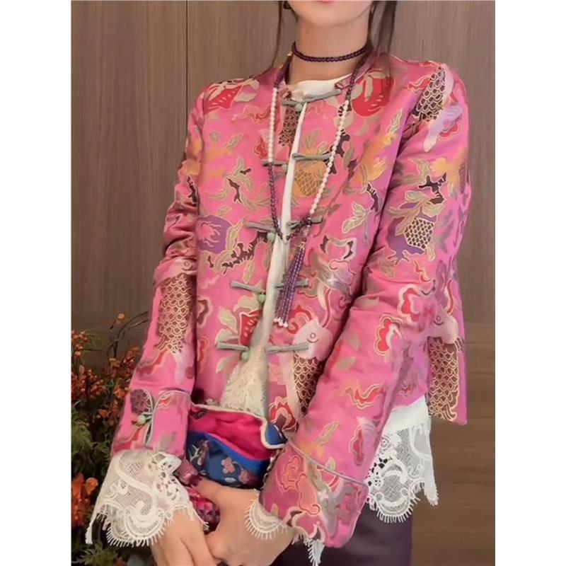 新中式粉色短款印花盘扣外套