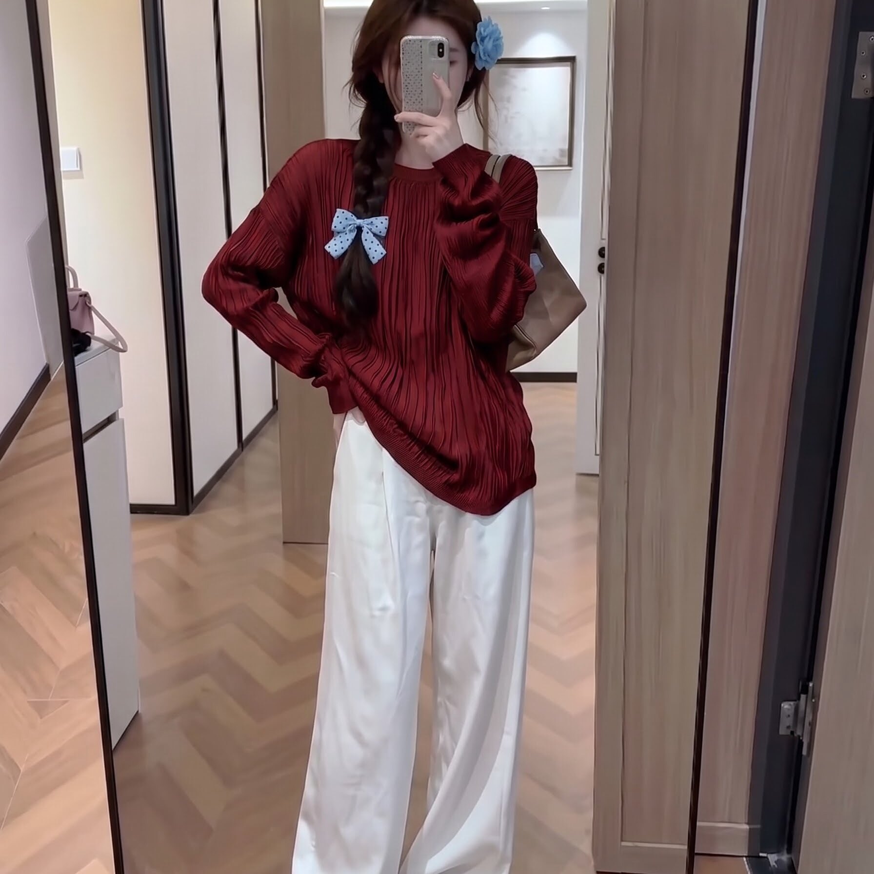 宽松慵懒红麻花蝴蝶结针织衫女