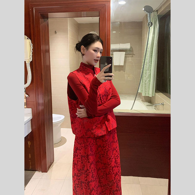 2025秋冬新款复古马甲半裙三件套