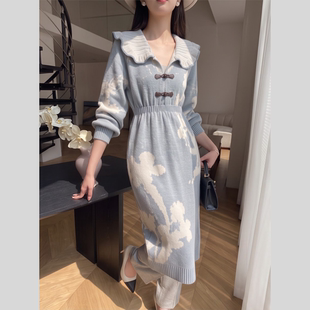 2026新款宽松型学院风海军领长袖连衣裙女蓝色蝴蝶结收腰减龄长裙