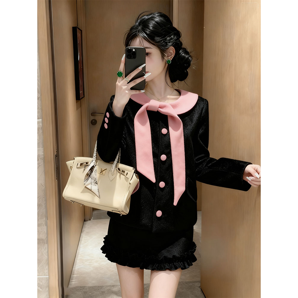 小洋装小香风黑色外套a字短裙