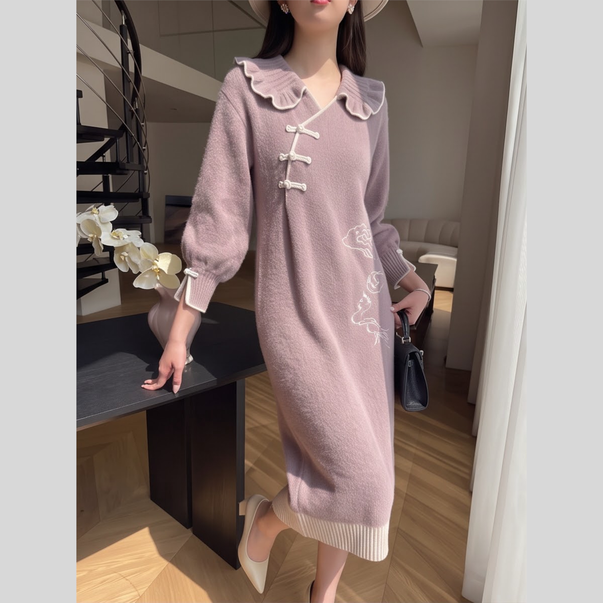2026新款日常收腰女装娃娃领长袖连衣裙色通勤风中长款宽松气质裙