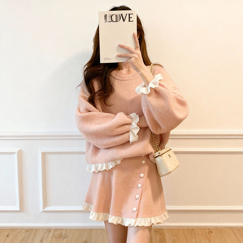 秋冬新款温柔风荷叶边针织套装女粉色高级感两件套通勤穿搭2026,女装/女士精品,大码套装,淘宝优惠券,粉丝福利购,淘宝优惠卷
