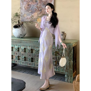 新中式 夏季 国风气质女神范轻奢高级感上流社会紫色缎面提花连衣裙