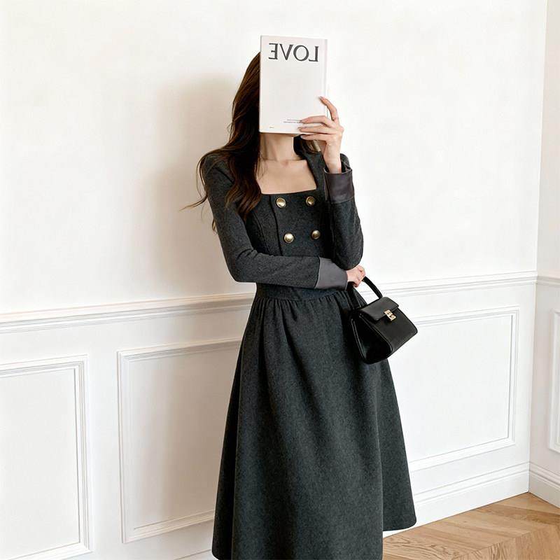 2026春春新款通勤风方领双排扣连衣裙女大码显瘦收腰气质长裙,女装/女士精品,大码连衣裙,淘宝优惠券,粉丝福利购,淘宝优惠卷