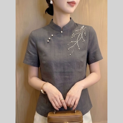 夏季新中式刺绣立领短袖女衬衫