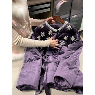 撞色钉珠星星高级感厚实棉服女 款 新中式 国风复古紫色外套2025冬季