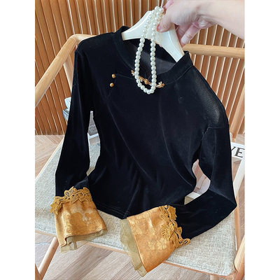 秋新款中式立领蕾丝拼接丝绒上衣
