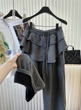 美式假两件荷叶边加绒加厚阔腿裤女宽松显瘦2025年冬新款灰色长裤