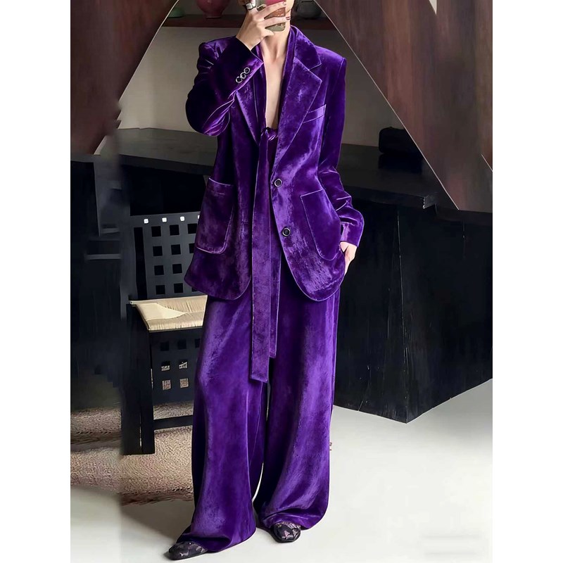 轻熟风紫色丝绒西装外套女