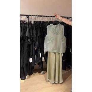 新中式中国风女装夏季高级感刺绣马甲缎面连衣裙两件套装夏季新款