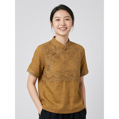 新中式立领盘扣刺绣短袖女衬衫