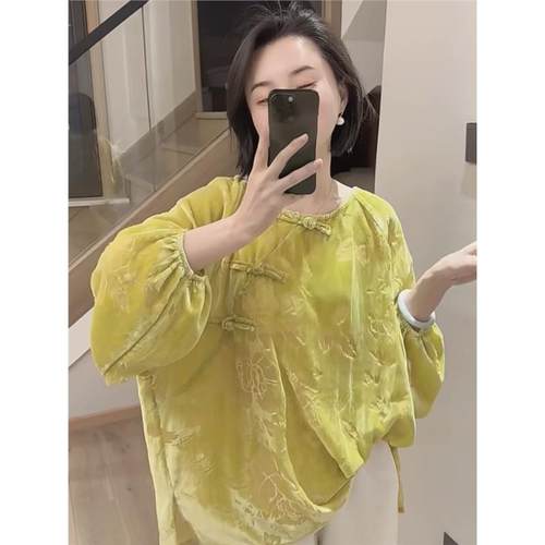 新中式国风禅意黄色丝绒盘扣衬衫