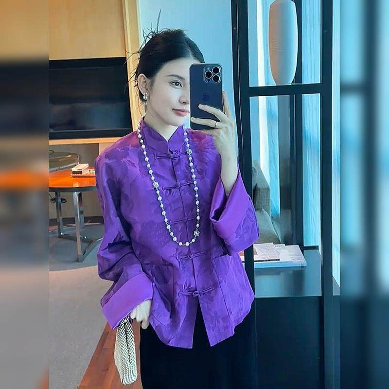 新中式女装国风上衣长袖高级感紫色复古唐装外套女春秋季2025新款,女装/女士精品,常规大码外套,淘宝优惠券,粉丝福利购,淘宝优惠卷