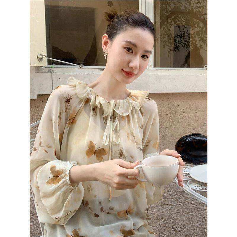 韩系chic独特别致上衣超好看绝美杏色蝴蝶印花荷叶边系绳衬衫女秋