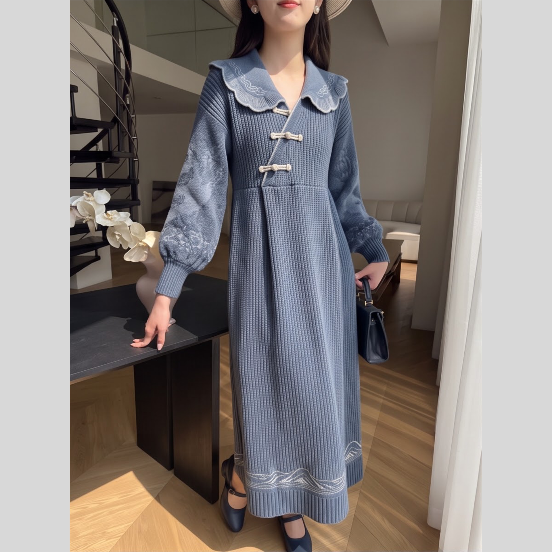 2026新款宽松型法式学院风娃娃领长袖连衣裙女装蓝色显瘦气质长裙