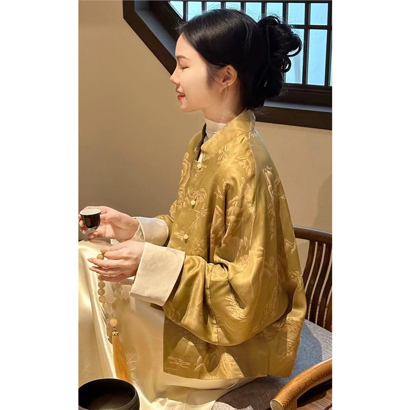 新中式国风复古高级黄色提花外套