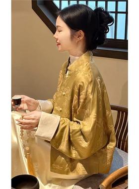 新中式国风复古高级感超好看唐装上衣黄色提花外套女2024早春新款