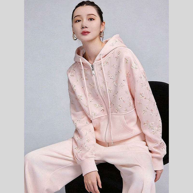 春季新款粉色碎花连帽卫衣套装女宽松显瘦运动穿搭两件套