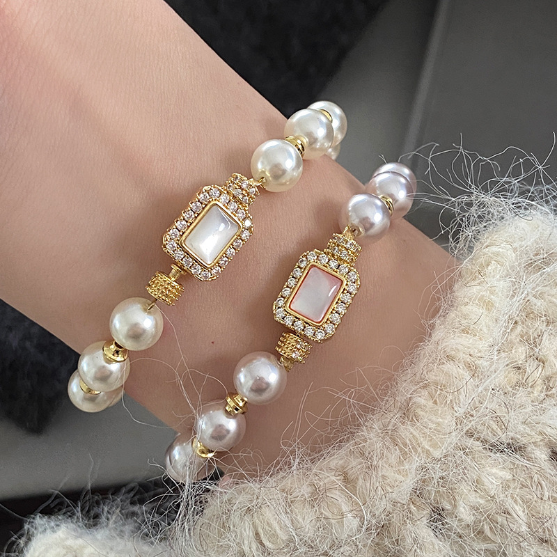 天然贝母珍珠手链女卡扣法式奶白