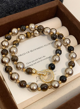 天然虎眼石珍珠项链毛衣链