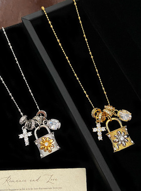 复古银色金色十字花朵锁扣项链