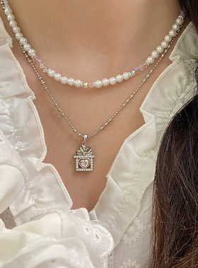 粉色爱心蝴蝶结吊坠项链