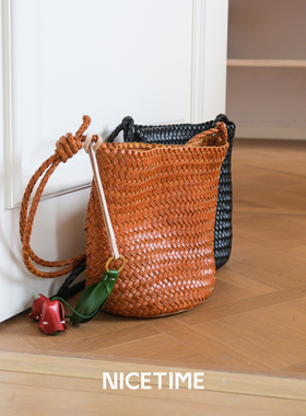NICETIME 夏日限定头层牛皮编织水桶包极简百搭单肩斜挎女包