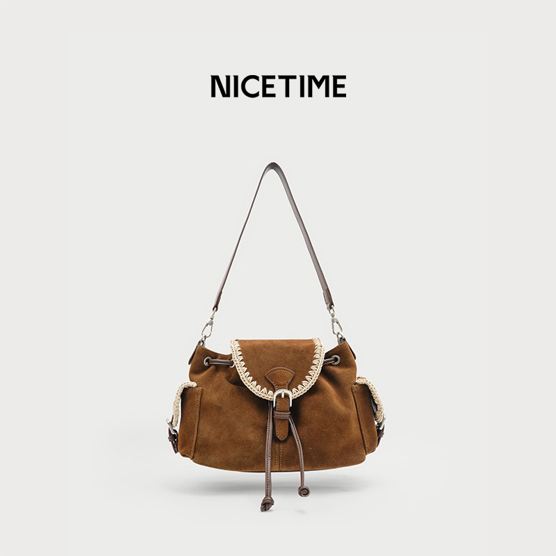NICETIME复古磨砂牛皮秋冬流浪包女手工花边撞色美拉德单肩斜挎包