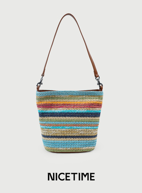 NICETIME包包彩虹pp草夏日多巴胺编织水桶包质感百搭单肩斜挎女包