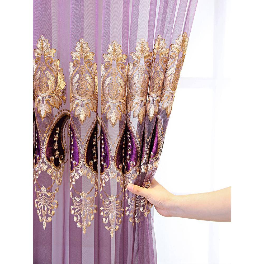 新品高档贴绒绣花客厅阳台书房餐厅欧式紫色成品别墅落地窗窗纱帘