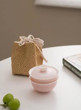 宜集堂田园风云雾茶具一人饮独饮高级手绘盖碗粉色陶瓷旅行茶具女