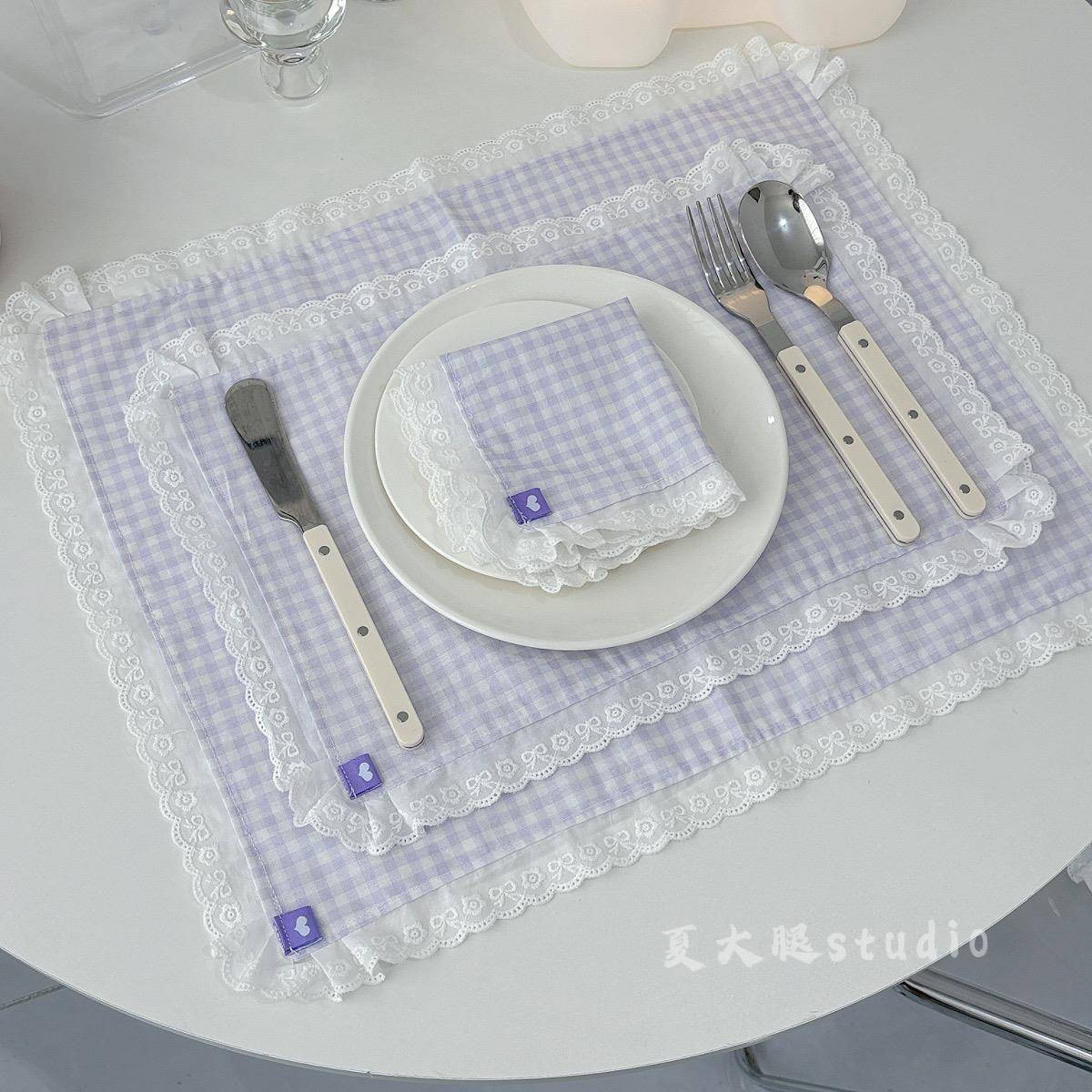 浅紫色格子ins风蝴蝶结花边餐布 自制厨房拍摄野餐道具背景小垫子