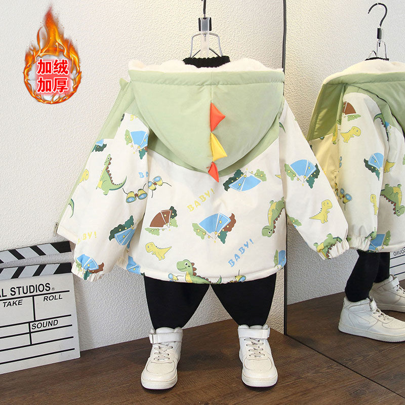 中小童男宝宝韩版时尚拼接卡通恐龙印花加绒连帽外套女童加厚棉服