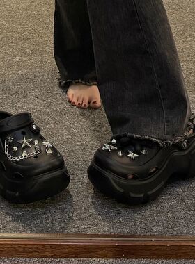 品牌夏季ins潮厚底防滑小个子高跟洞洞鞋女外穿可爱链条沙滩包头